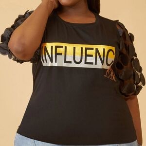 NWT Ashley Stewart Black Graphic "INFLUENCER" Top with Unique Sleeve Size 22/24